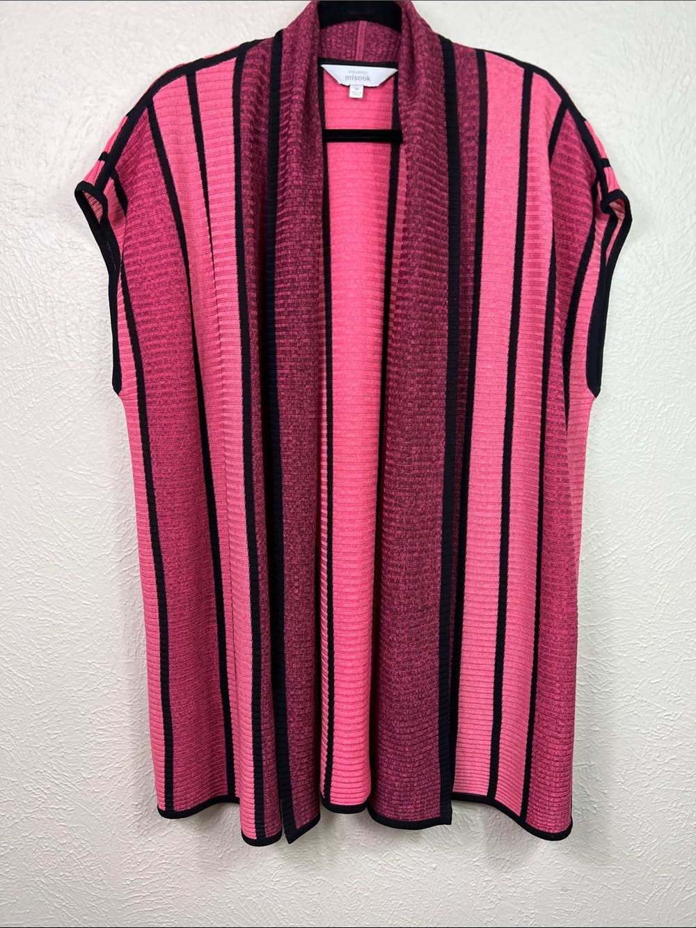 Misook Pink Black Vertical Stripe Knit Open Front Tunic Cardigan Vest Medium